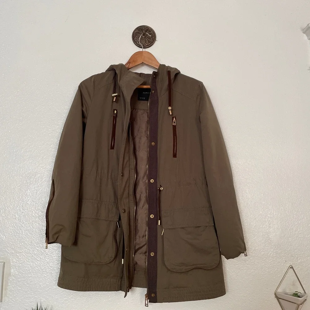 Zara‎ Basic Olive Green Hooded Utility Parka Jacket Quilted Lining Small